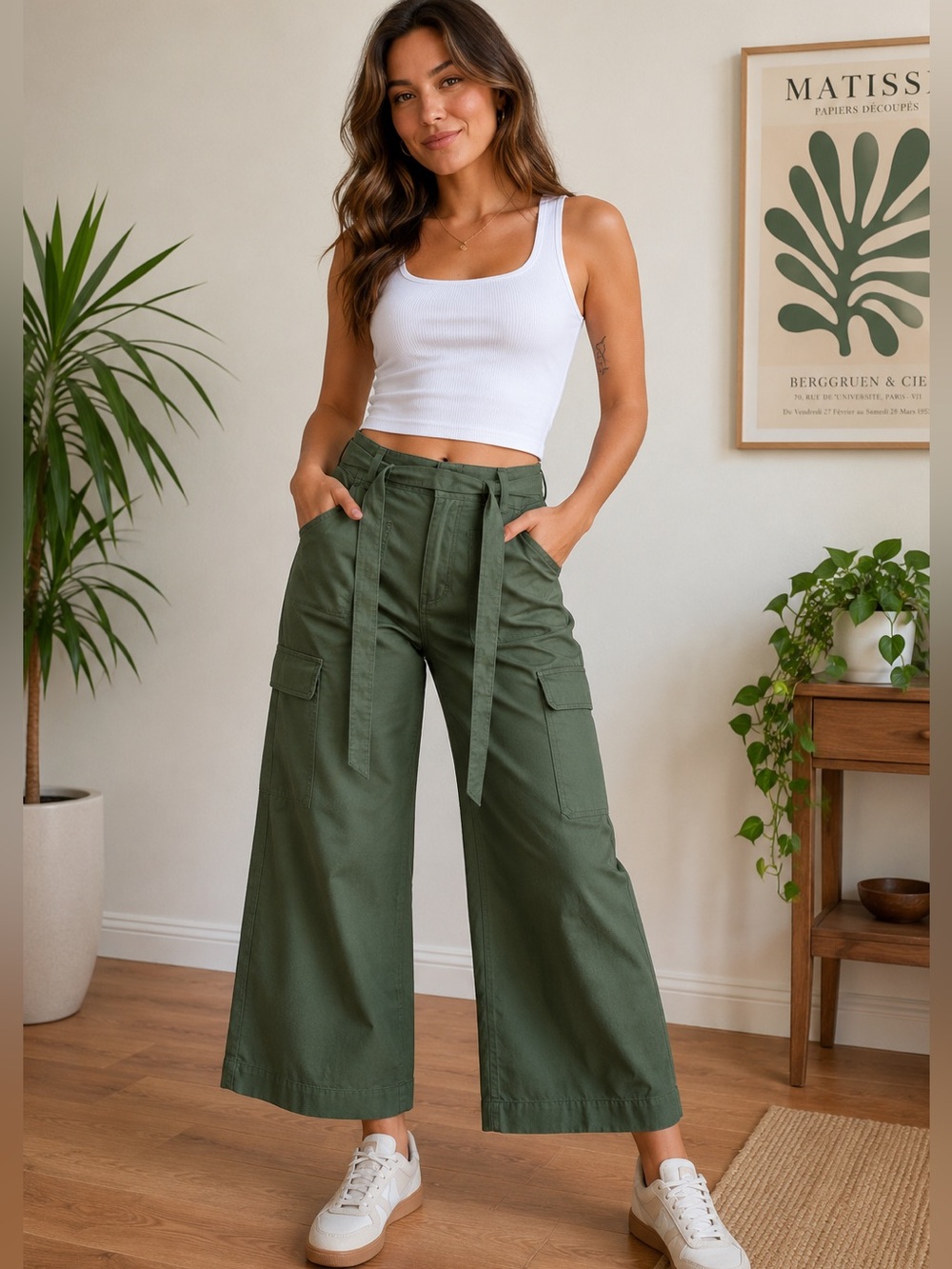 Chico's Olive Green Wide Leg Cargo Pants Belted Utility‎ Cropped Size 2.5 US 14